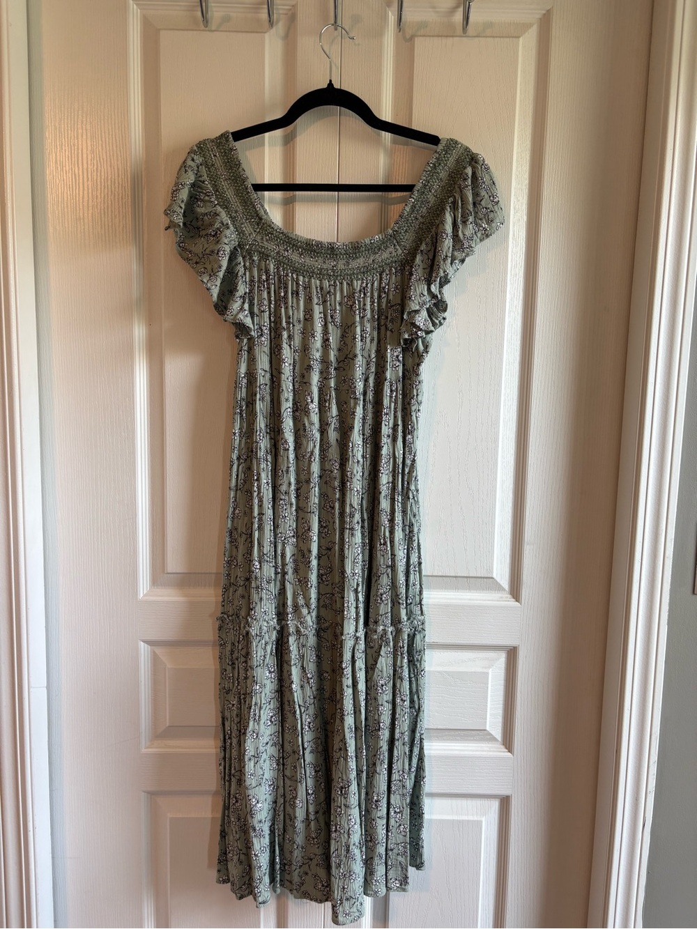 Sage Green Floral Smocked Maxi Dress with Flutter Sleeves